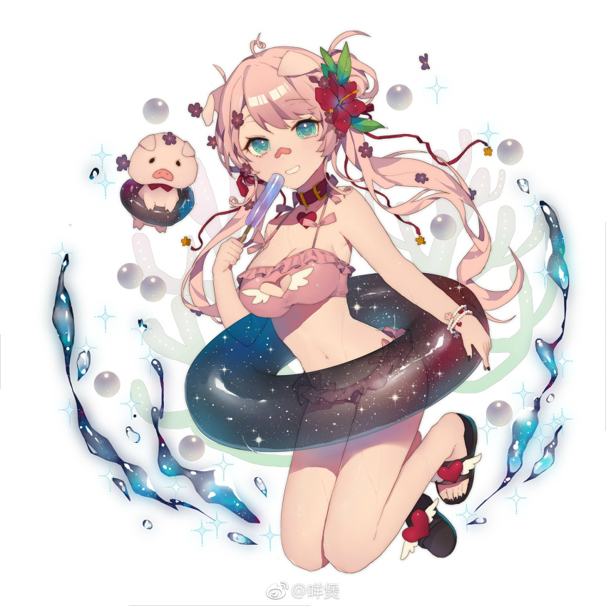 1girl, acidear, bandaid, bandaid_on_nose, bikini, bracelet, breasts, cleavage