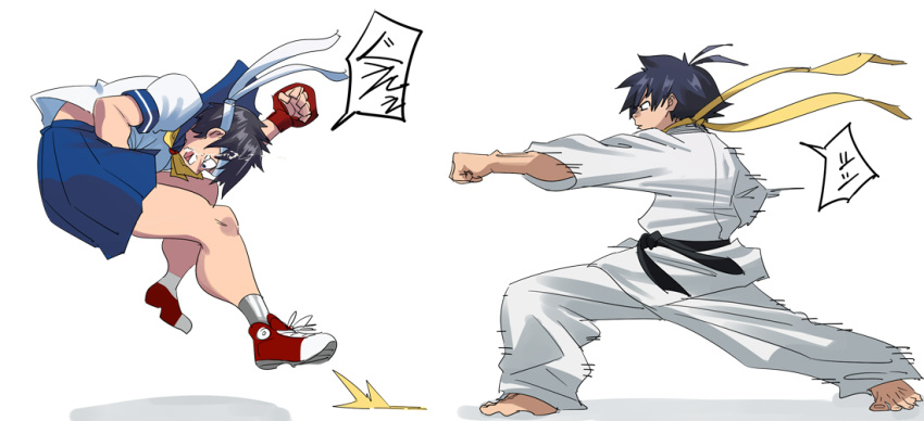 2girls, ahoge, barefoot, battle, brown_hair, clenched_hand, dougi, fighting