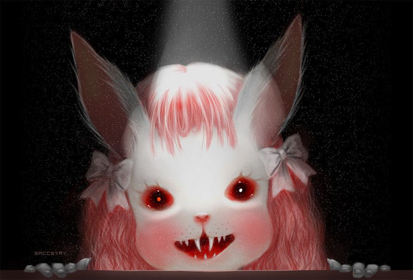 bunny_girl, claws, furry, hair_ribbon, looking_at_viewer, original, pink_hair, red_eyes