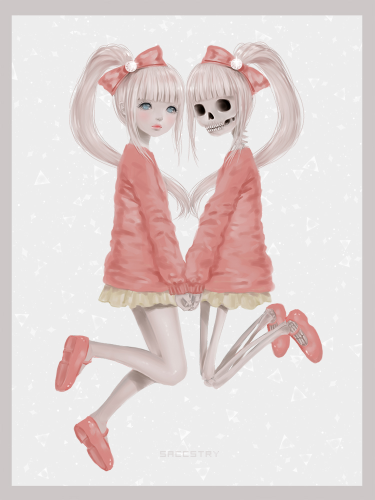 albino, bow, dual_persona, hand_holding, heart, looking_at_viewer, original, pale_skin