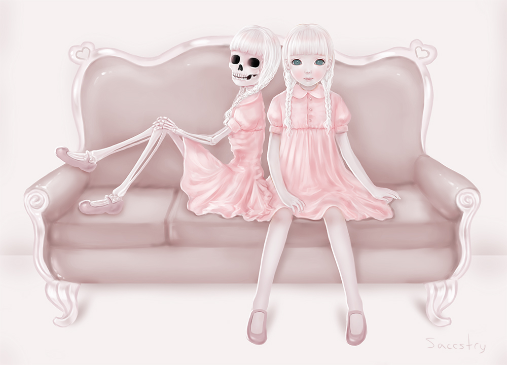 albino, blue_eyes, braid, couch, dress, dual_persona, empty_eyes, green_eyes