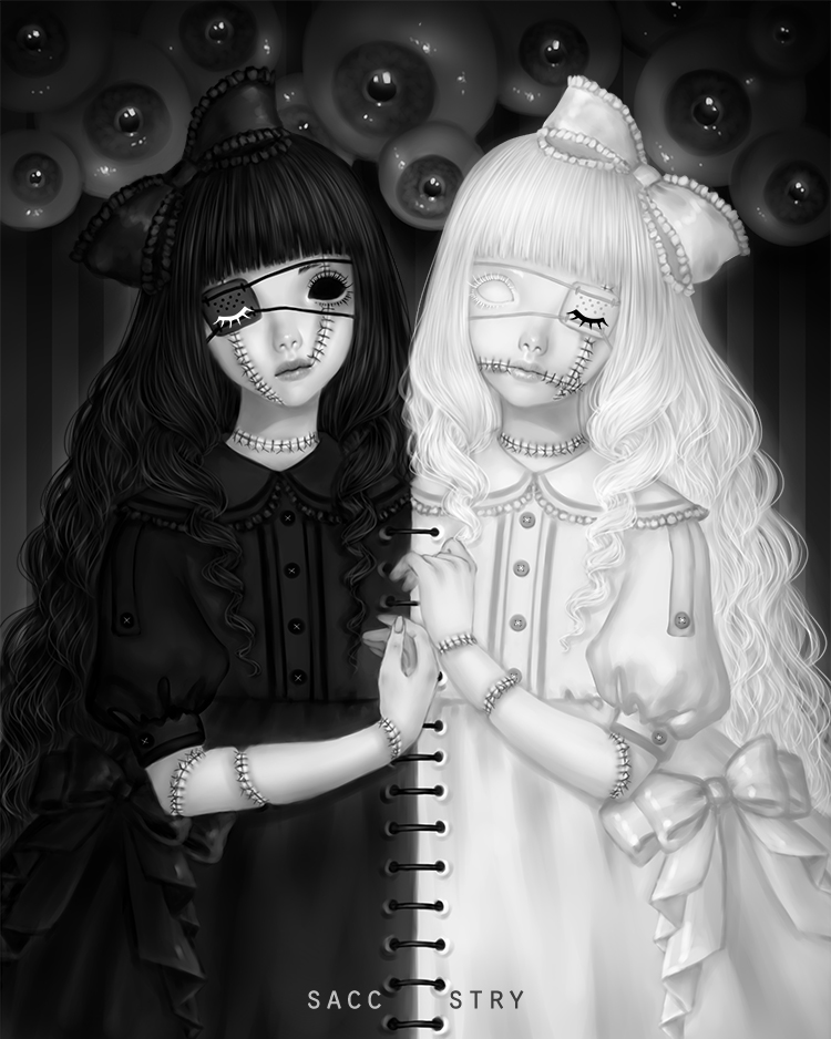 2girls, closed_eyes, eyeballs, eyepatch, gothic_lolita, hand_holding, lolita_fashion, monochrome
