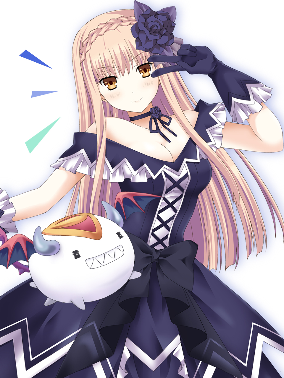 1girl, bare_shoulders, blonde_hair, braid, breasts, fairy_fencer_f, hair_ornament, highres