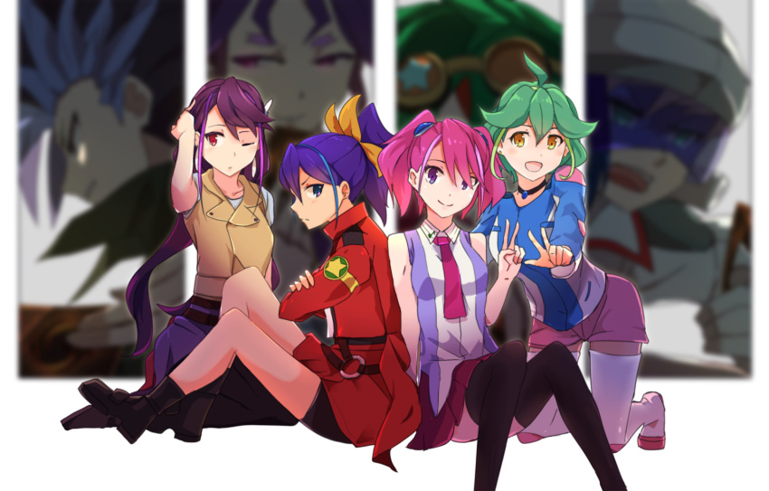 >:(, 4boys, 4girls, :d, ahoge, bare_arms, black_eyes, black_legwear