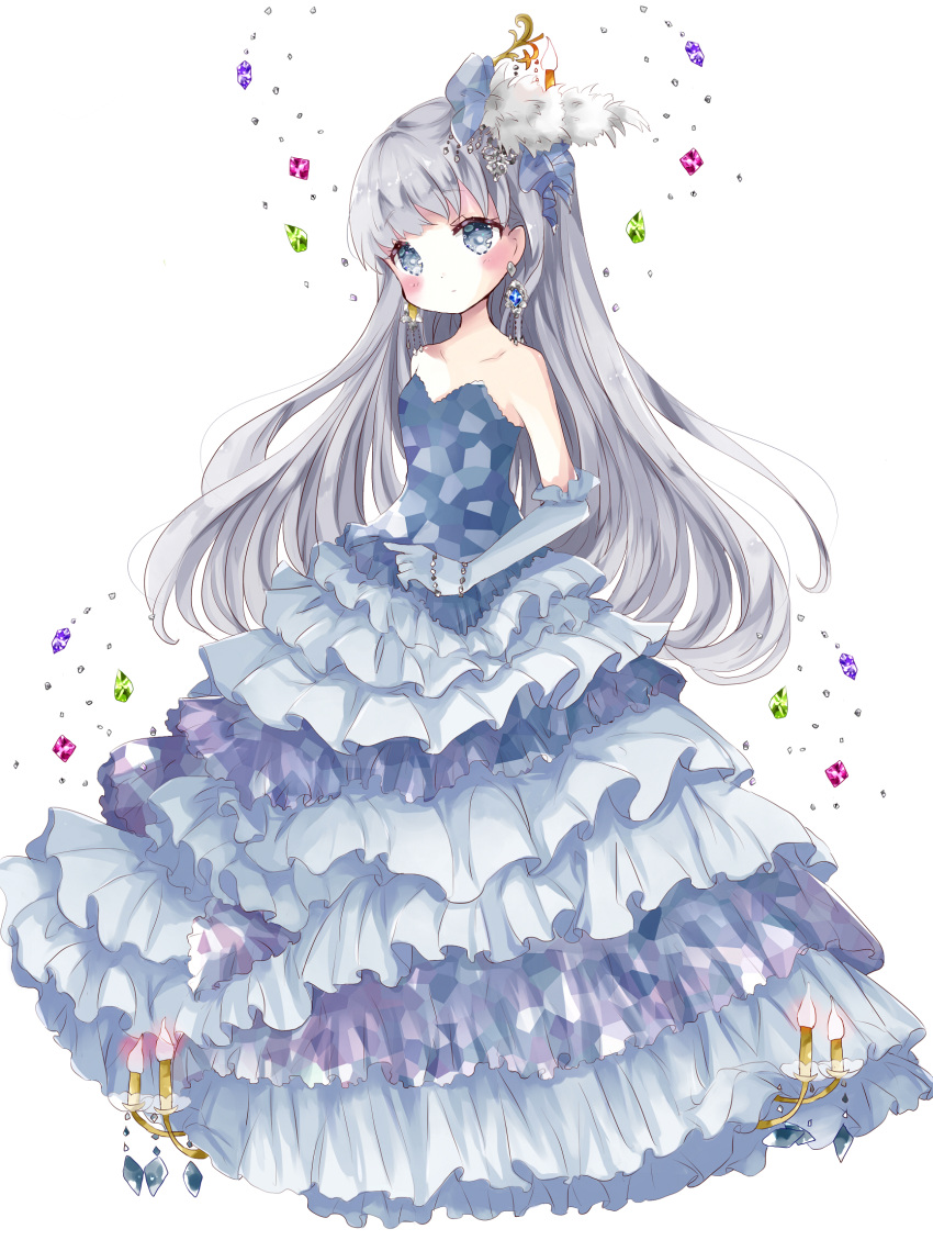 1girl, :o, amethyst, bare_shoulders, blush, bow, bracelet, candelabra