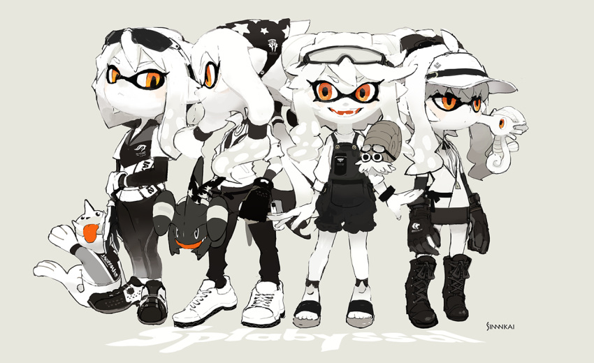 4girls, artist_name, bandanna, black_legwear, boots, collared_shirt, domino_mask, double_bun