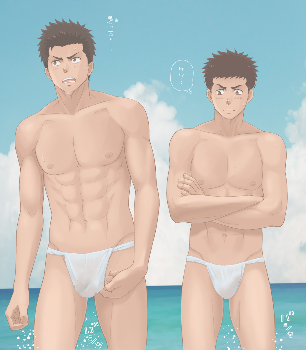 2boys, abs, adjusting_fundoshi, blue_sky, brown_eyes, brown_hair, bulge, clouds