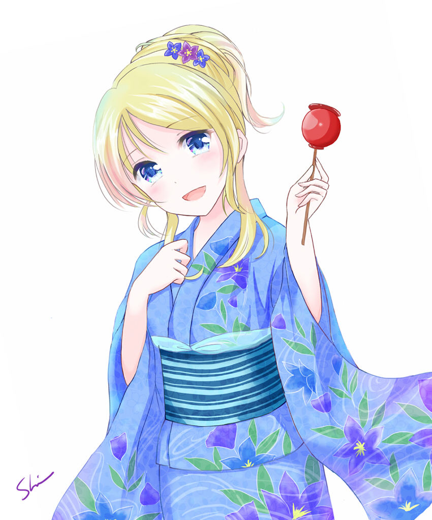 1girl, :d, ayase_eli, blonde_hair, blue_eyes, blue_kimono, blush, candy_apple