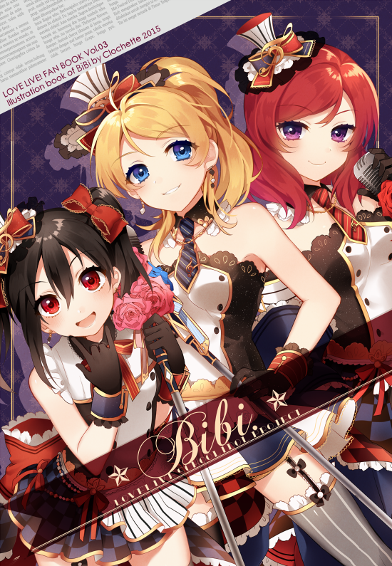 3girls, :d, asymmetrical_legwear, ayase_eli, black_gloves, black_hair, blonde_hair, blu_eyes, bow, choker, copyright_name, dutch_angle, earrings, eyebrows_visible_through_hair, garter_straps, gloves, grey_legwear, hair_between_eyes, hair_bow, hat, high_ponytail, holding, holding_microphone, jewelry, leaning_forward, long_hair, love_live!, love_live!_school_idol_project, microphone, microphone_stand, mini_hat, miniskirt, multiple_girls, musical_note, necktie, nishikino_maki, open_mouth, pink_flower, red_bow, red_eyes, redhead, sakura_yuki_(clochette), short_necktie, skirt, sleeveless, smile, strapless, striped, striped_legwear, striped_necktie, thigh-highs, twintails, vertical-striped_legwear, vertical_stripes, violet_eyes, yazawa_nico