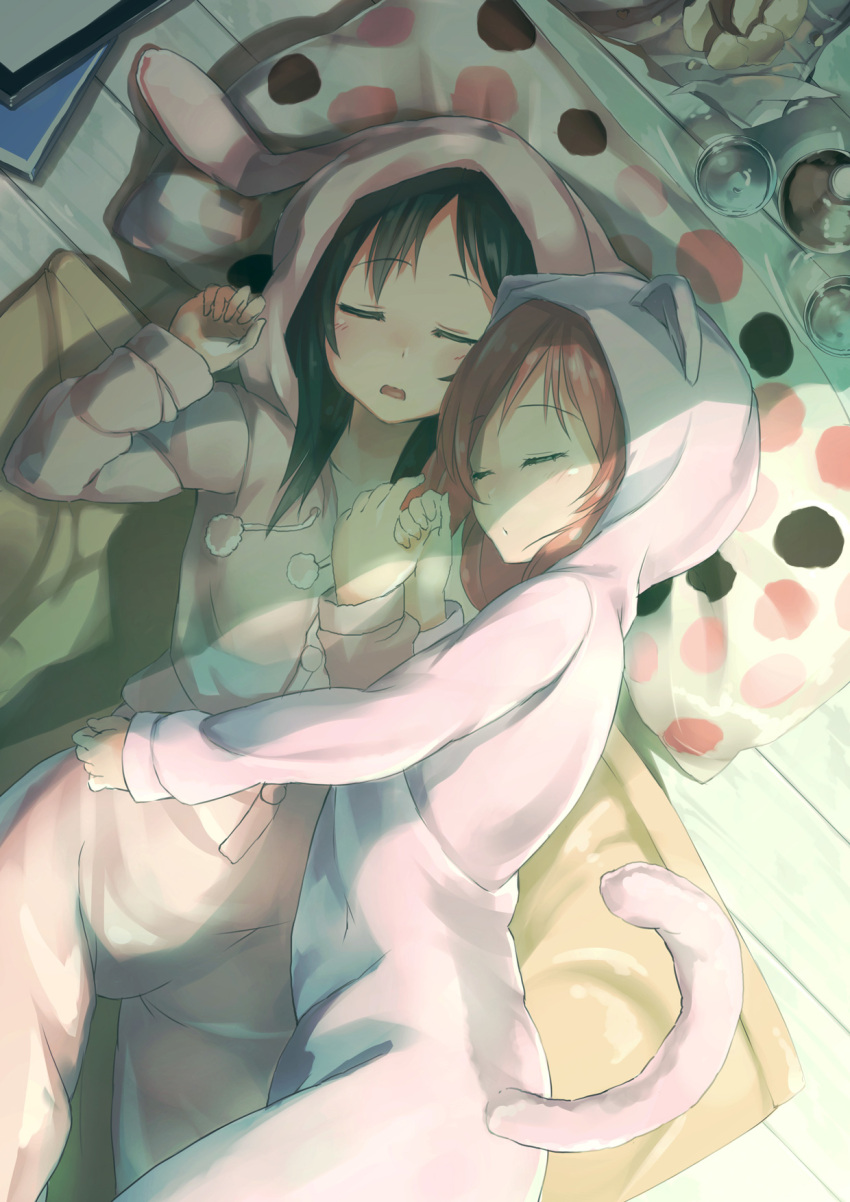 2girls, animal_ears, animal_hood, black_hair, cat_ears, cat_tail, closed_eyes, closed_mouth, cuddling, eyebrows_visible_through_hair, fake_animal_ears, fake_tail, from_above, highres, hood, hooded_pajamas, indoors, long_hair, love_live!, love_live!_school_idol_project, lying, multiple_girls, nishikino_maki, on_back, on_side, pink_pajamas, polka_dot_pillow, rabbit_ears, redhead, shinon_(sinon_non), sleeping, tail, wooden_floor, yazawa_nico
