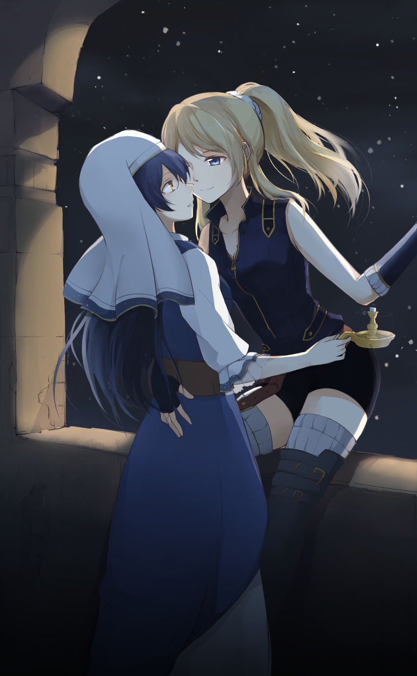 2girls, absurdres, ayase_eli, black_boots, black_gloves, blonde_hair, blue_eyes, blue_hair