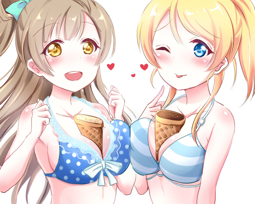 2girls, :d, ;p, aqua_bow, ayase_eli, between_breasts, blonde_hair, blue_eyes
