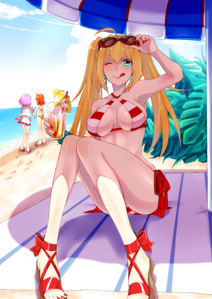 3girls, ;q, absurdres, ahoge, alternate_hairstyle, ball, beach, beach_towel, beach_umbrella, beachball, bikini, blonde_hair, bracelet, breasts, cup, drink, drinking_glass, drinking_straw, earrings, fate/grand_order, fate_(series), fujimaru_ritsuka_(female), full_body, green_eyes, hair_intakes, halterneck, highres, jewelry, large_breasts, lavender_hair, long_hair, looking_at_viewer, multiple_girls, nail_polish, nero_claudius_(swimsuit_caster)_(fate), ocean, one_eye_closed, orange_hair, red_nails, saber_extra, sandals, shielder_(fate/grand_order), short_hair, side-tie_bikini, sinzuu, sitting, smile, solo_focus, standing, striped, striped_bikini, sunglasses, sunglasses_on_head, swimsuit, toenail_polish, tongue, tongue_out, towel, twintails, umbrella