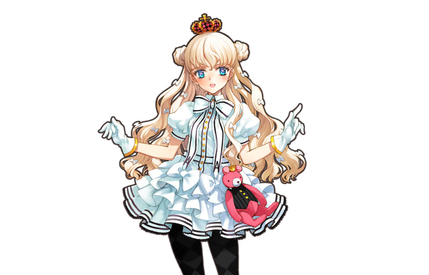 1girl, black_legwear, blonde_hair, blue_eyes, blush, cowboy_shot, crown, double_bun