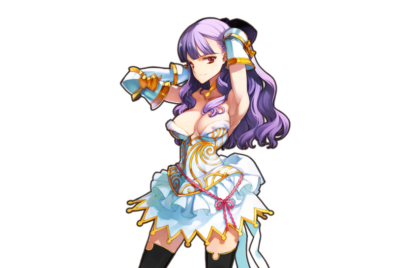 1girl, armpits, arms_up, bangs, black_legwear, blunt_bangs, breasts, cleavage, collarbone, cowboy_shot, eiyuu_senki, gauntlets, gawain_(eiyuu_senki), large_breasts, long_hair, looking_at_viewer, ooyari_ashito, purple_hair, red_eyes, smile, solo, thigh-highs, transparent_background, zettai_ryouiki