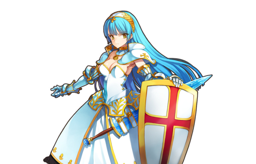 1girl, armor, armpits, blue_hair, blush, breasts, cleavage, cowboy_shot