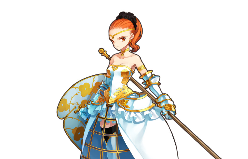 1girl, armlet, armor, bare_shoulders, breasts, cleavage, collarbone, cowboy_shot, dress, earrings, eiyuu_senki, gauntlets, holding, holding_spear, holding_weapon, jewelry, looking_at_viewer, mordred_(eiyuu_senki), necklace, ooyari_ashito, orange_eyes, orange_hair, polearm, shield, solo, spear, transparent_background, weapon