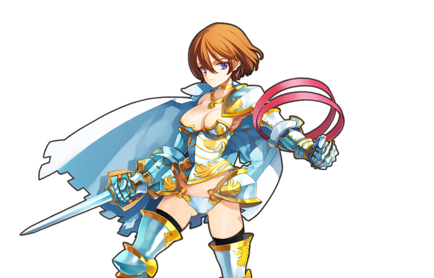 1girl, armor, breasts, brown_hair, cape, cleavage, collarbone, cowboy_shot, eiyuu_senki, gauntlets, jewelry, large_breasts, looking_at_viewer, necklace, ooyari_ashito, panties, short_hair, shoulder_armor, solo, sword, transparent_background, tristan_(eiyuu_senki), underwear, violet_eyes, weapon, white_panties