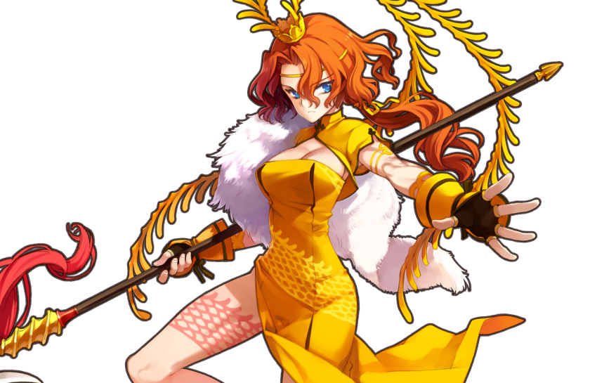 1girl, blue_eyes, breasts, cleavage, cleavage_cutout, cowboy_shot, crown, dress, eiyuu_senki, fingerless_gloves, gloves, holding, holding_spear, holding_weapon, legs, looking_at_viewer, lu_bu_(eiyuu_senki), ooyari_ashito, orange_hair, polearm, short_hair, solo, spear, transparent_background, weapon