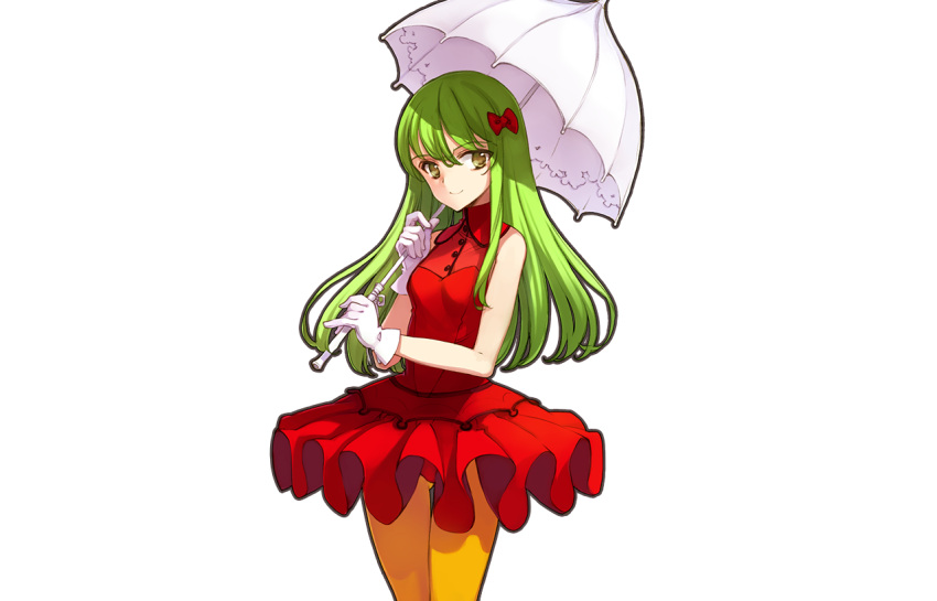 1girl, cowboy_shot, dress, eiyuu_senki, gloves, green_eyes, green_hair, hair_ribbon