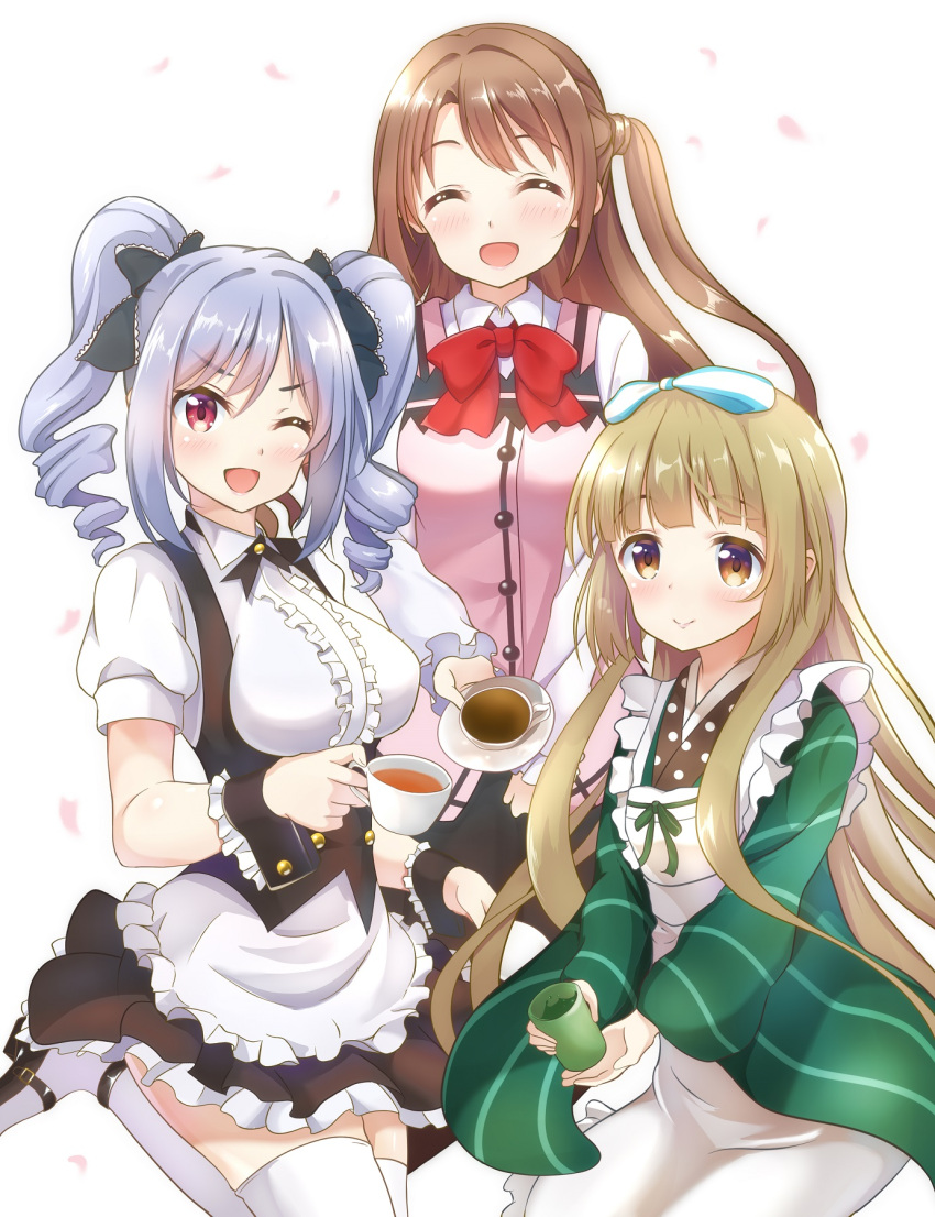 3girls, alternate_costume, ama_usa_an_uniform, blush, breasts, brown_eyes, brown_hair, cosplay