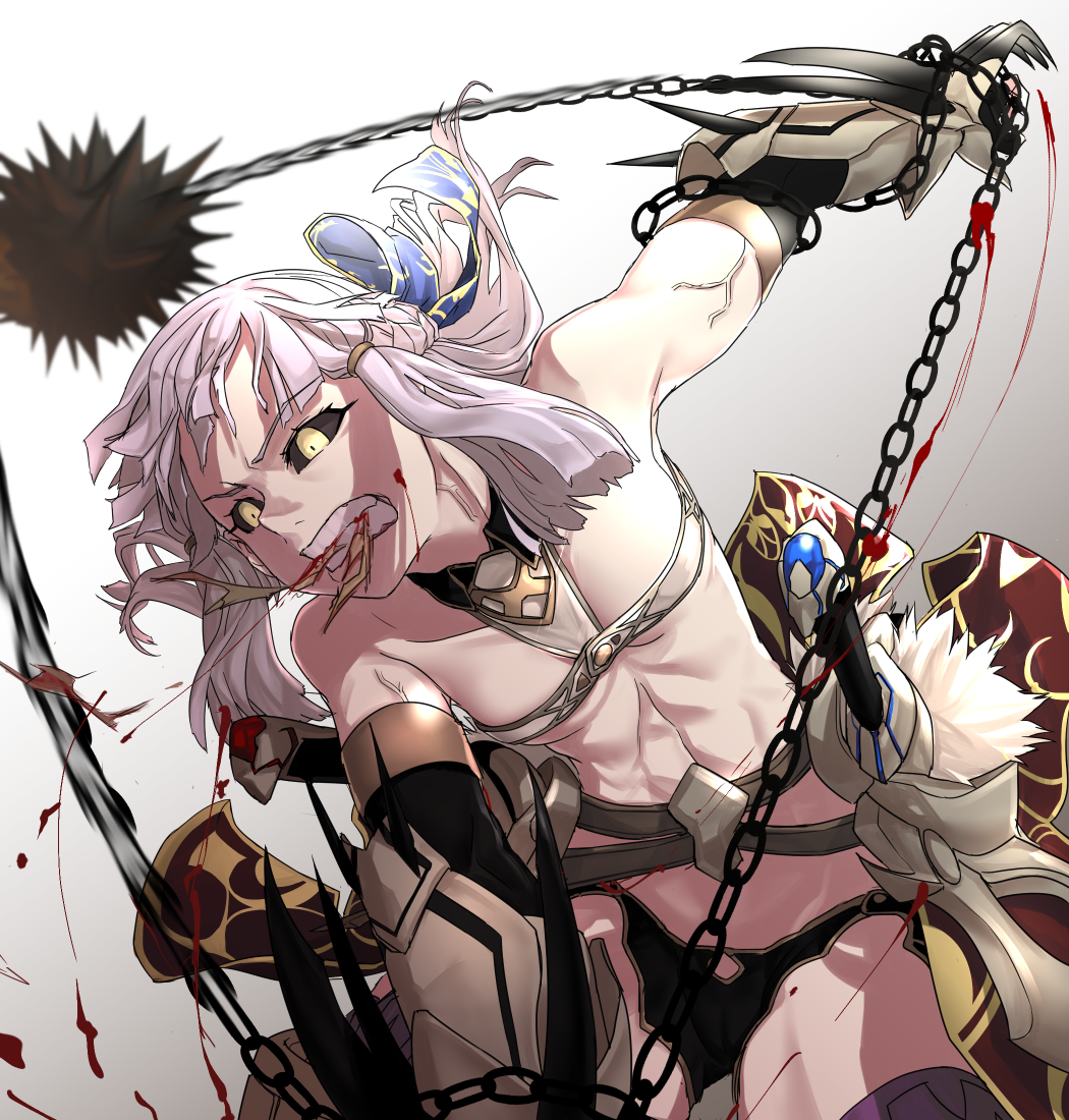 1girl, abs, belt, black_sclera, blood, bow, chains, claws