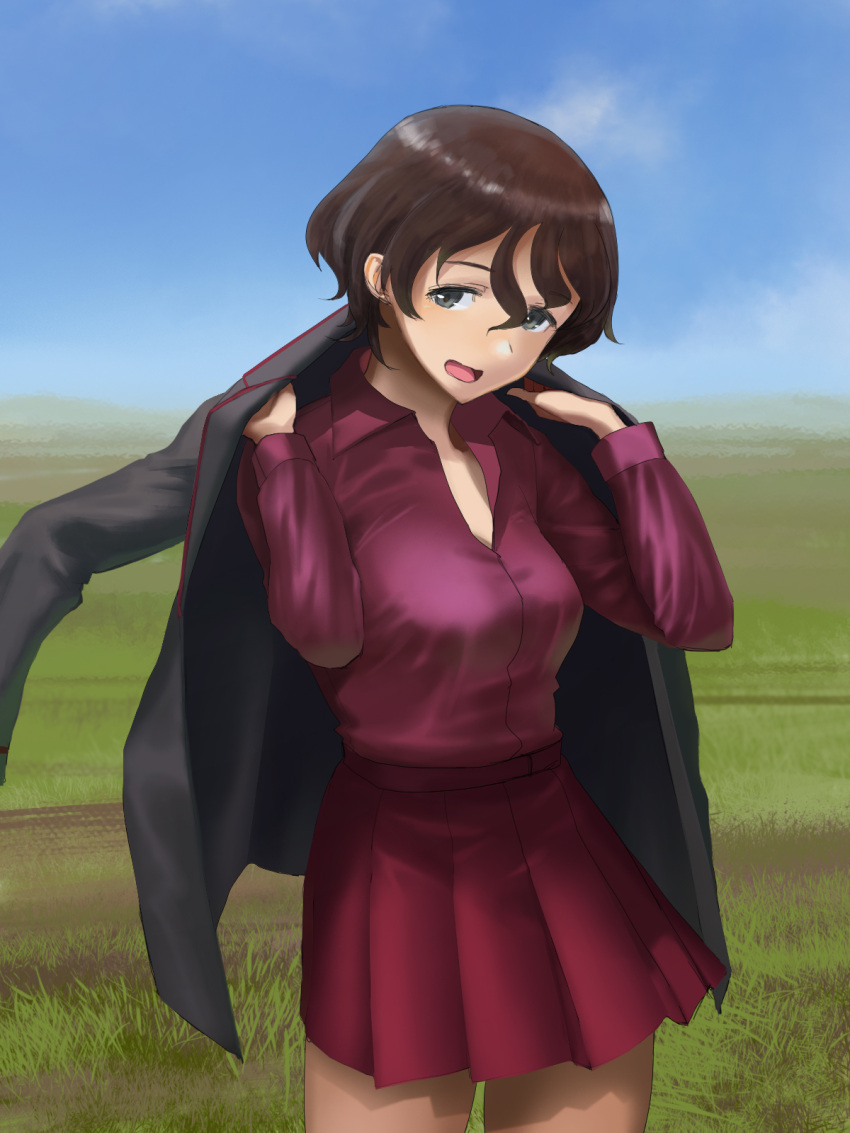 10s, 1girl, akaboshi_koume, black_jacket, brown_eyes, brown_hair, cowboy_shot, day