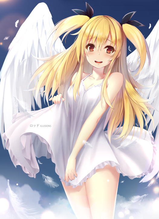 1girl, angel, angel_wings, artist_name, black_ribbon, blonde_hair, blush, breasts