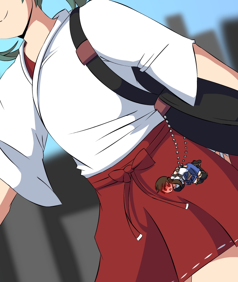 2girls, angry, bag, bdsm, black_legwear, blue_hakama, blush, bondage