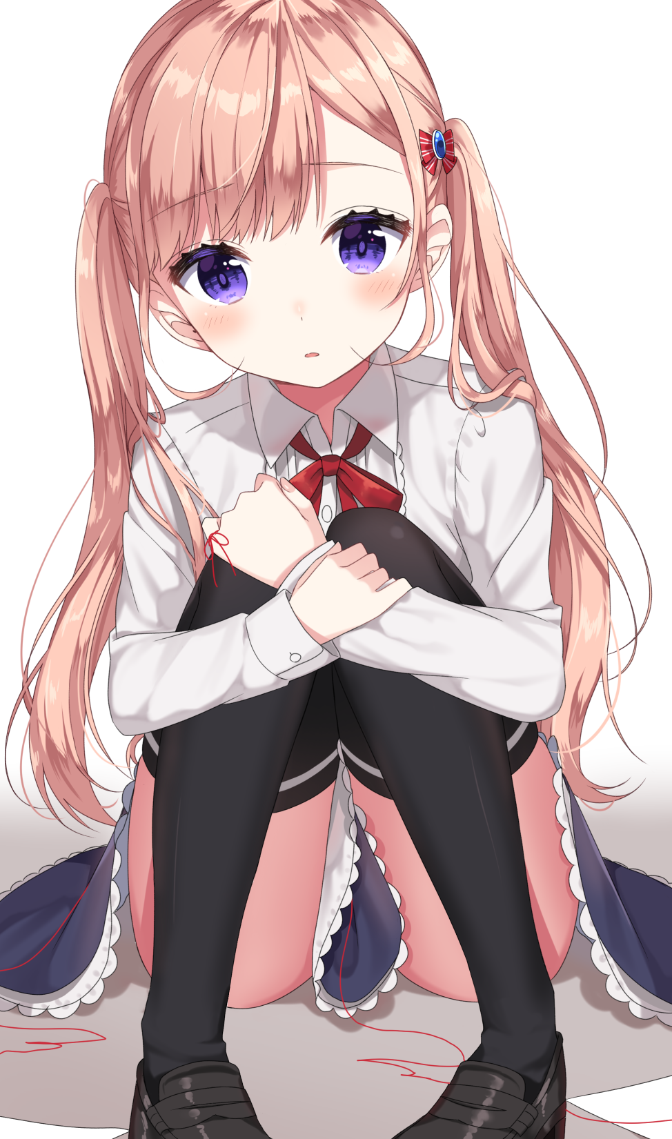1girl, bangs, black_legwear, black_shoes, blonde_hair, blush, bow, brown_hair, collared_shirt, eyebrows_visible_through_hair, hair_bow, hair_ornament, hairclip, highres, izumo_neru, koi_to_uso, loafers, long_hair, long_sleeves, looking_at_viewer, neck_ribbon, parted_lips, pigeon-toed, red_bow, red_ribbon, red_string, ribbon, sanada_lilina, shiny, shiny_hair, shirt, shoes, simple_background, sitting, solo, string, string_around_finger, striped, striped_bow, thigh-highs, twintails, violet_eyes, white_background, white_shirt, wing_collar