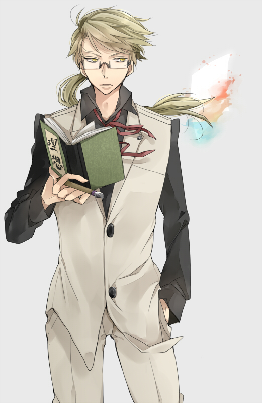 10s, 1boy, book, bungou_stray_dogs, formal, glasses, green_hair, grey_background