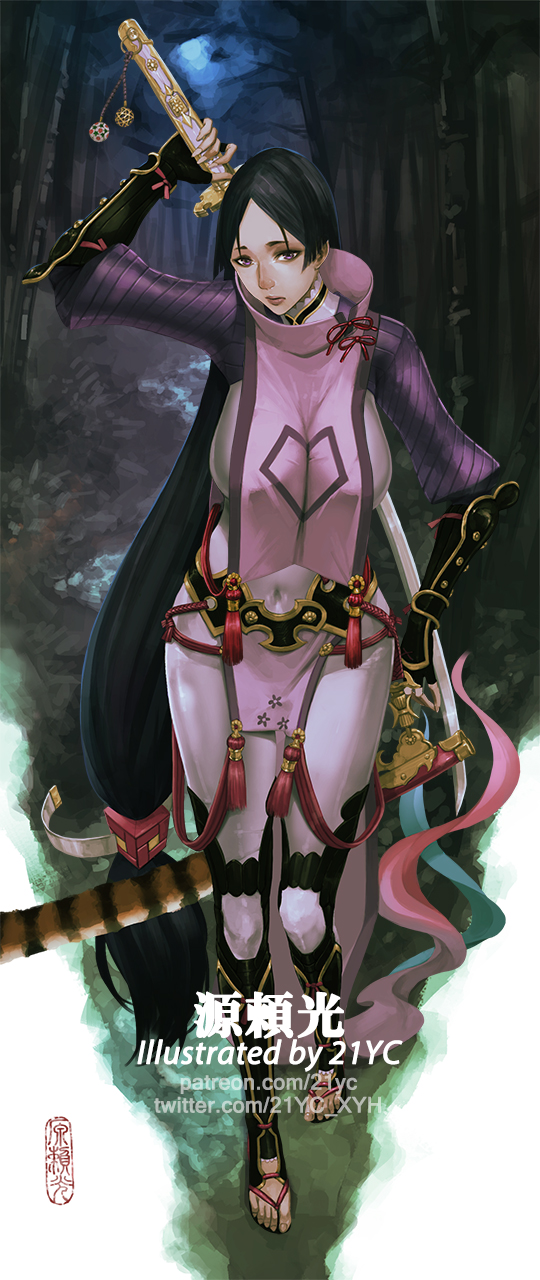 1girl, 21yc_(september_breeze), arm_guards, black_hair, bodysuit, breasts, covered_navel, fate/grand_order