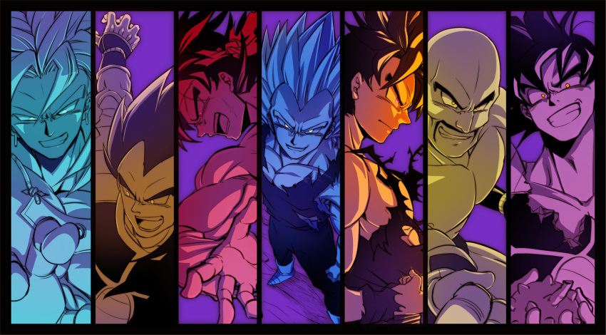 6+boys, ake_(ake54), armor, bald, bandanna, bardock, black_hair, blonde_hair, blue_eyes, boots, broly, clenched_hands, collar, dragon_ball, dragonball_z, earrings, facial_hair, fighting_stance, food, frame, frown, fruit, gloves, grin, jewelry, long_hair, looking_at_viewer, looking_away, male_focus, multiple_boys, mustache, nappa, open_mouth, outstretched_arms, outstretched_hand, panels, pink_eyes, purple_background, raditz, red_eyes, scar, shirtless, short_hair, smile, son_gokuu, spiky_hair, super_saiyan, tullece, vegeta, wristband, yellow_eyes
