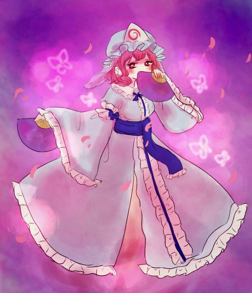 1girl, blush, butterfly, cherry_blossoms, dress, fan, frilled_dress, frilled_sleeves