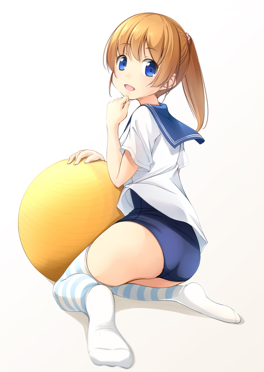 1girl, ass, ball, bangs, blonde_hair, blouse, blue_eyes, blue_legwear