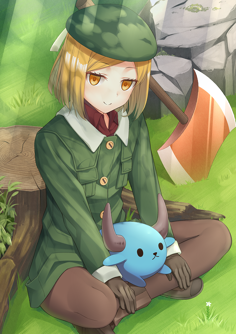 1girl, axe, babe_(fate), blonde_hair, fate/grand_order, fate_(series), gloves, hat, looking_at_viewer, pantyhose, paul_bunyan_(fate/grand_order), short_hair, smile, solo, umihotaru_harumare, weapon, yellow_eyes