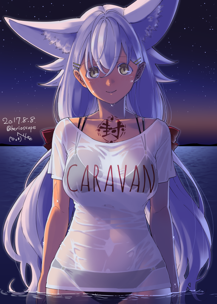 1girl, animal_ears, arms_at_sides, artist_name, bikini, bikini_under_clothes, black_bikini, bow