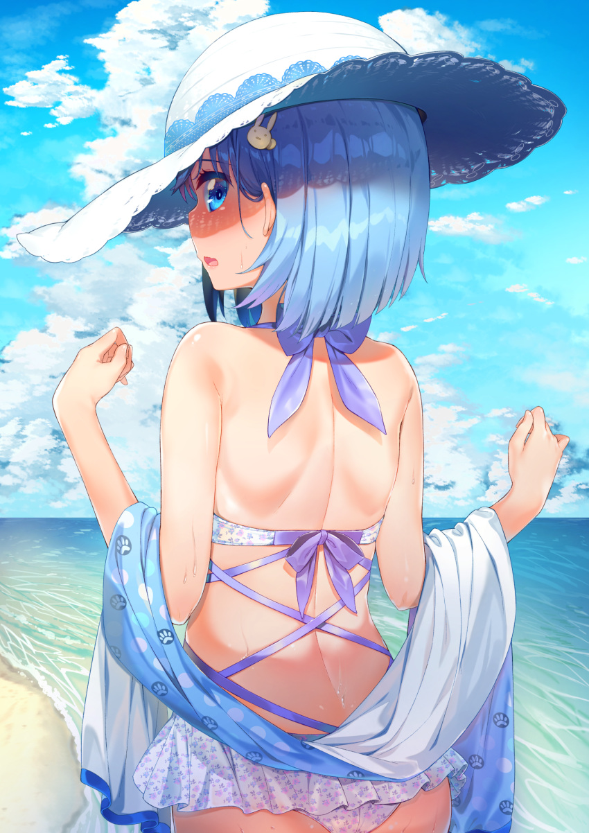 1girl, alternative_girls, ass, bare_shoulders, beach, bikini, blue_eyes, blue_hair
