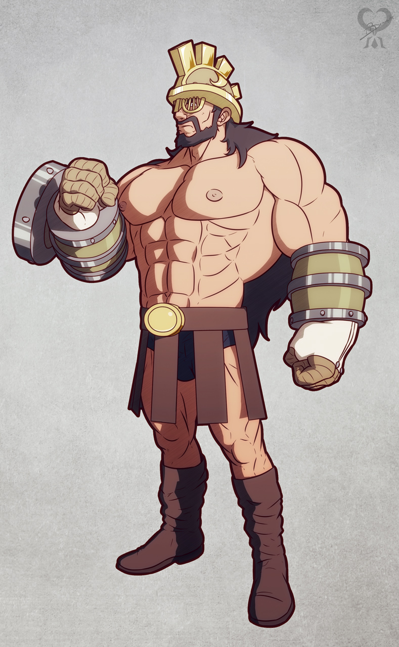 1boy, abs, artist_name, beard, boots, brown_hair, facial_hair, full_body, gloves, grey_background, hajrudin, helmet, highres, leomon32, long_hair, male_focus, manly, muscle, mustache, navel, one_piece, shirtless, solo