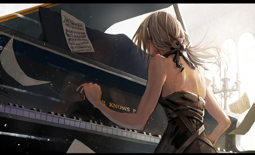 1girl, braid, candlestand, facing_away, grand_piano, highres, indoors, instrument