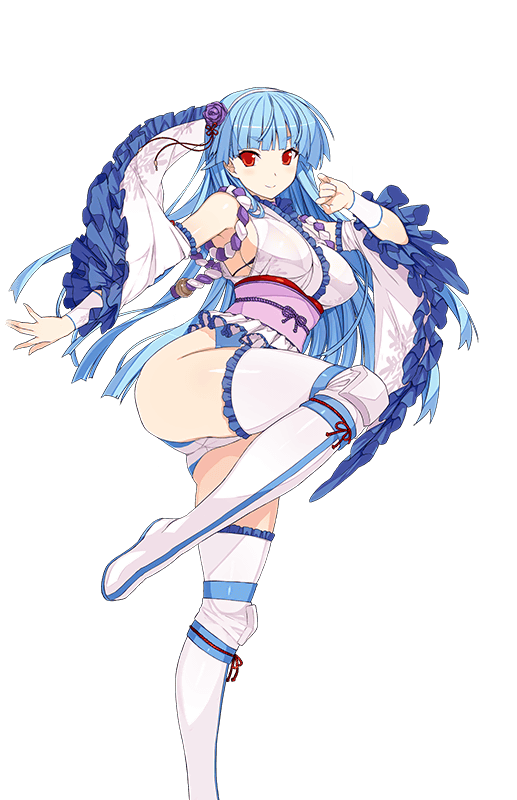 1girl, armpits, ass, bangs, bare_shoulders, blue_hair, blunt_bangs, boots, breasts, detached_sleeves, flower, frilled_sleeves, frills, hair_flower, hair_ornament, hairband, himukai_kyousuke, japanese_clothes, large_breasts, leg_lift, long_hair, looking_at_viewer, obi, official_art, red_eyes, ring_dream, sash, smile, solo, wrestling_outfit, yuki_onna_(ring_dream)