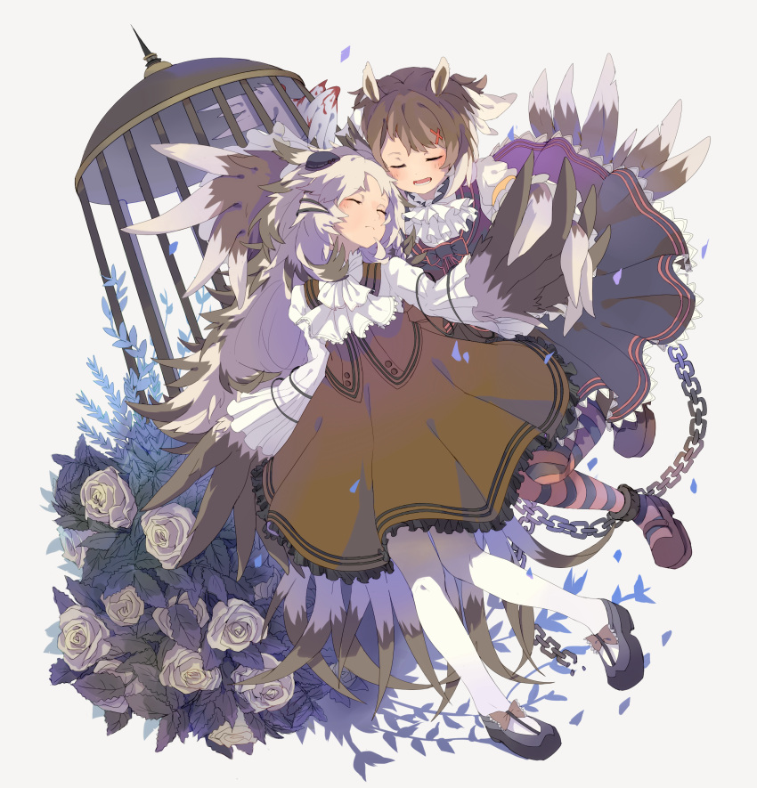 2girls, absurdres, animal_ears, bird, black_dress, black_hat, black_shoes, brown_dress