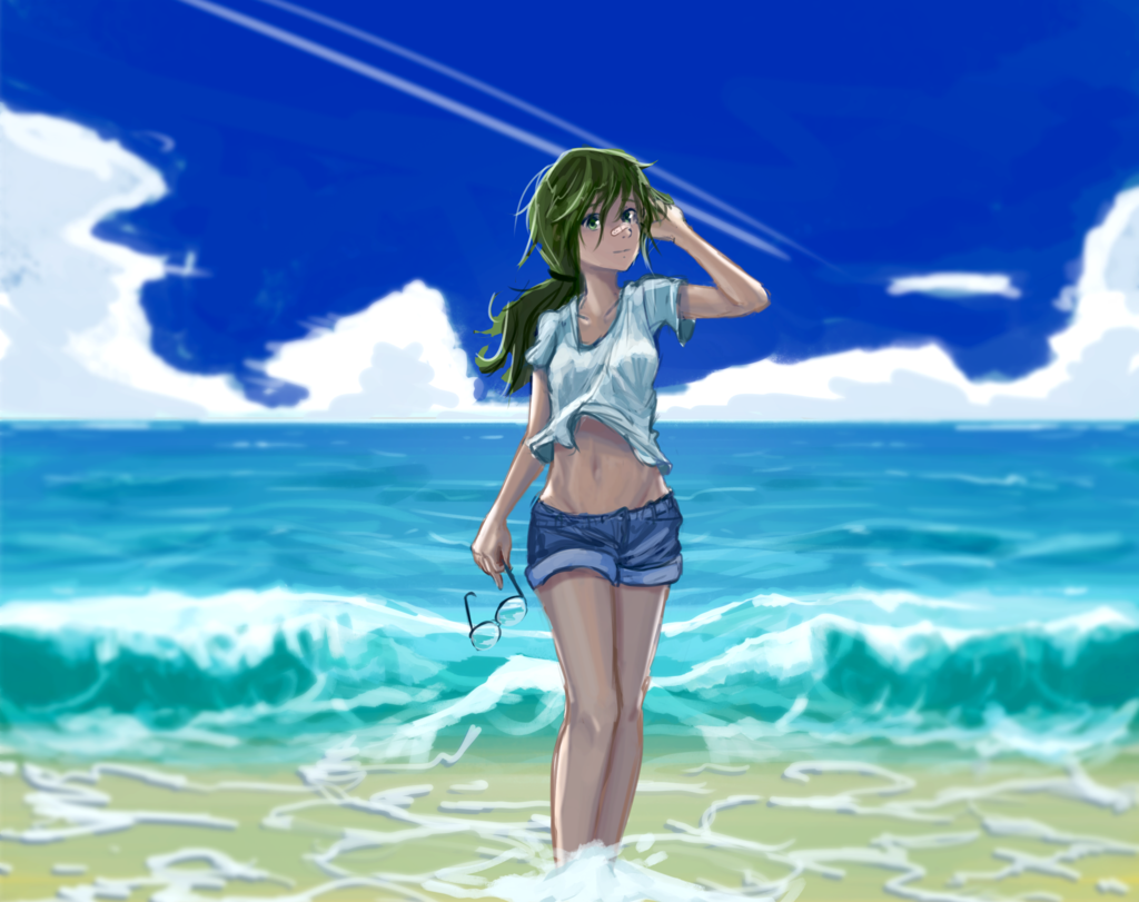 1girl, bandaid, bandaid_on_nose, clouds, dailuo, glasses, glasses_removed, green_eyes