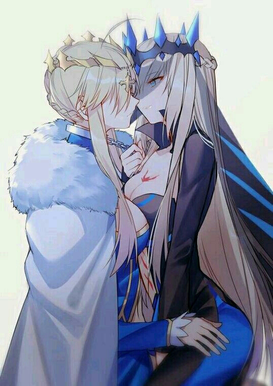 2girls, ahoge, artoria_pendragon_(all), artoria_pendragon_lancer_(fate/grand_order), asymmetrical_docking, bangs, black_dress, blonde_hair, blue_eyes, braid, breast_press, breasts, cape, chains, chest_tattoo, cleavage, cowboy_shot, crown, cuffs, dress, fate/apocrypha, fate/grand_order, fate_(series), from_side, fur_cape, hidden_eyes, imminent_kiss, incest, large_breasts, long_hair, medium_breasts, morgan_(fate), morgan_le_faye, morgan_le_faye_(fate), multiple_girls, shackles, sidelocks, sisters, swept_bangs, tattoo, veil, very_long_hair, white_background, yuri