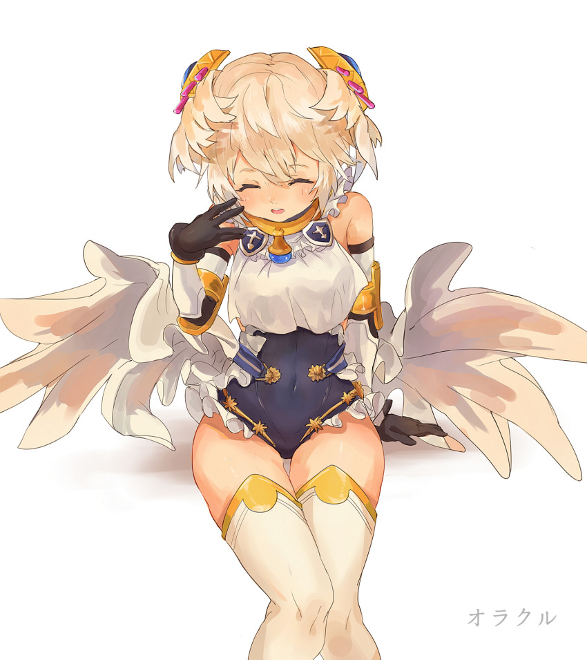 1girl, arm_warmers, black_gloves, blonde_hair, blush, closed_eyes, covered_navel, einri