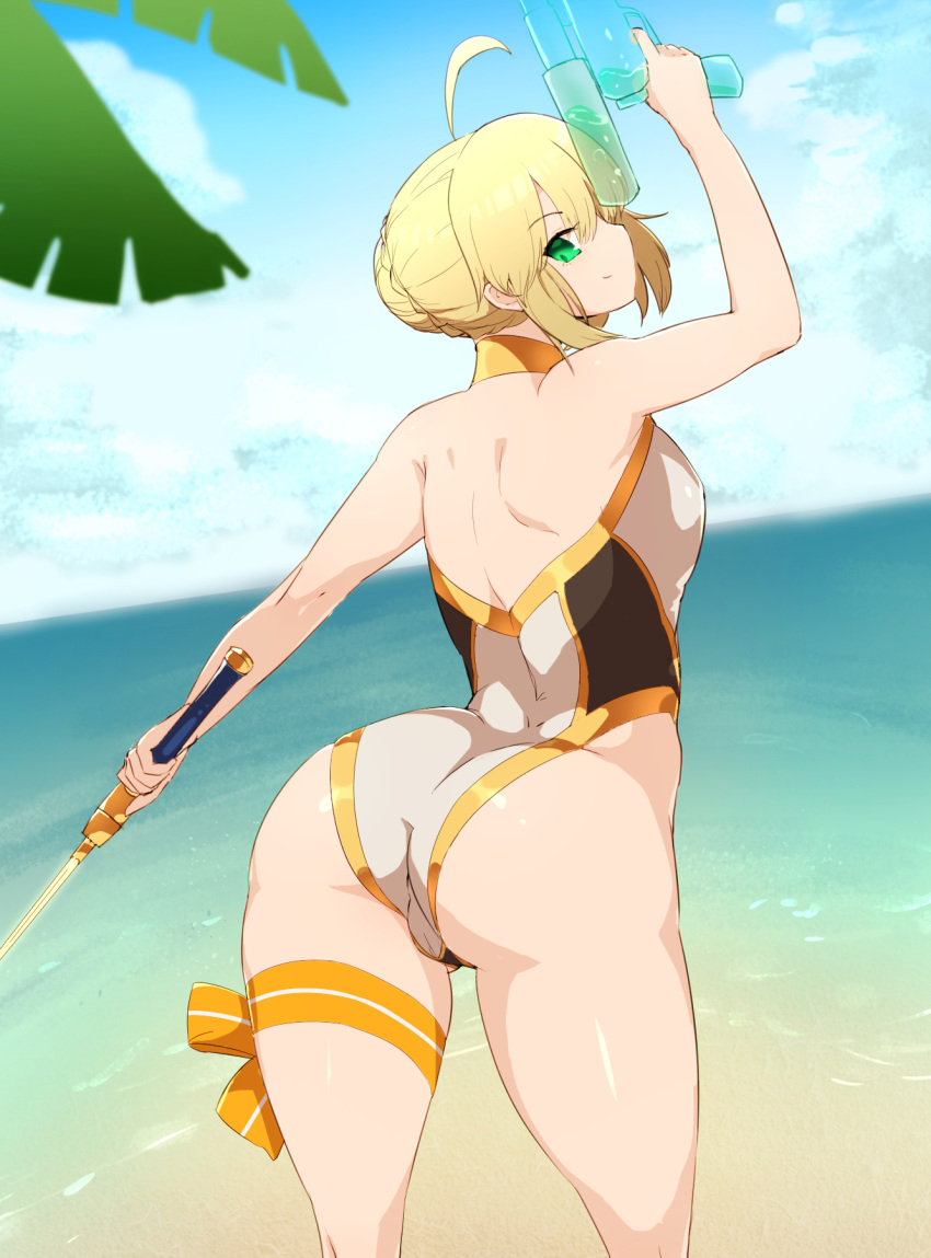 1girl, ahoge, artoria_pendragon_(all), artoria_pendragon_(swimsuit_archer), ass, back, bare_shoulders, beach