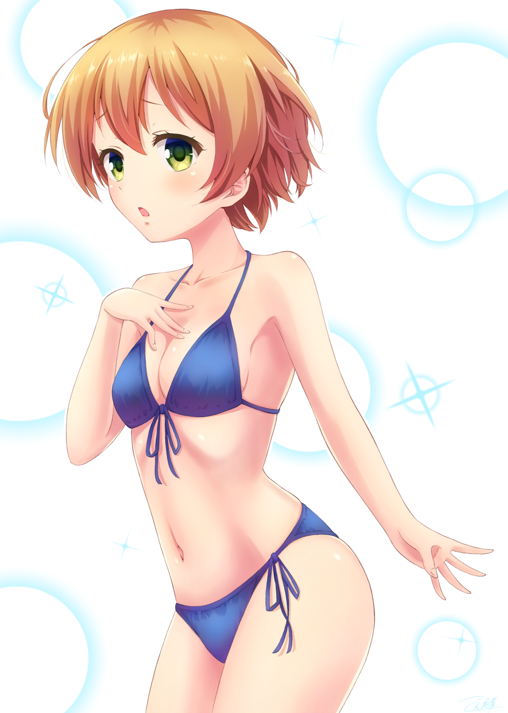 1girl, bikini, blue_bikini, breasts, cowboy_shot, front-tie_top, hand_on_own_chest, highres