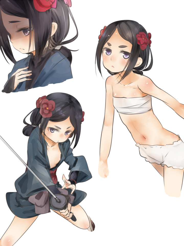 1girl, akino_shuu, black_gloves, black_hair, chise_(princess_principal), fingerless_gloves, flat_chest, flower, gloves, hair_flower, hair_ornament, hikimayu, holding, holding_sword, holding_weapon, katana, princess_principal, short_hair, solo, sword, underwear, violet_eyes, weapon, white_background