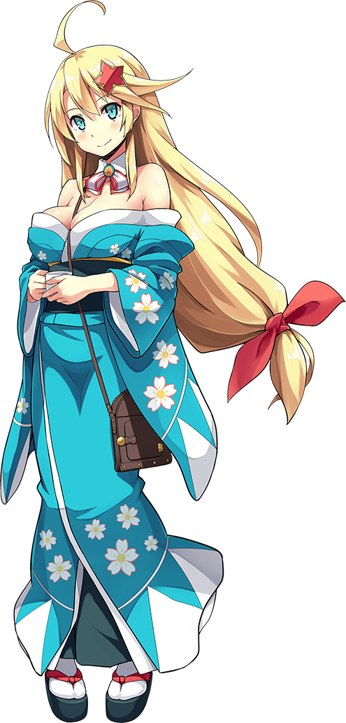 1girl, ahoge, bare_shoulders, blonde_hair, blue_eyes, breasts, cleavage, cup