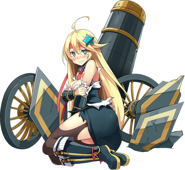1girl, ahoge, bare_shoulders, blonde_hair, blue_eyes, blush, breasts, broken